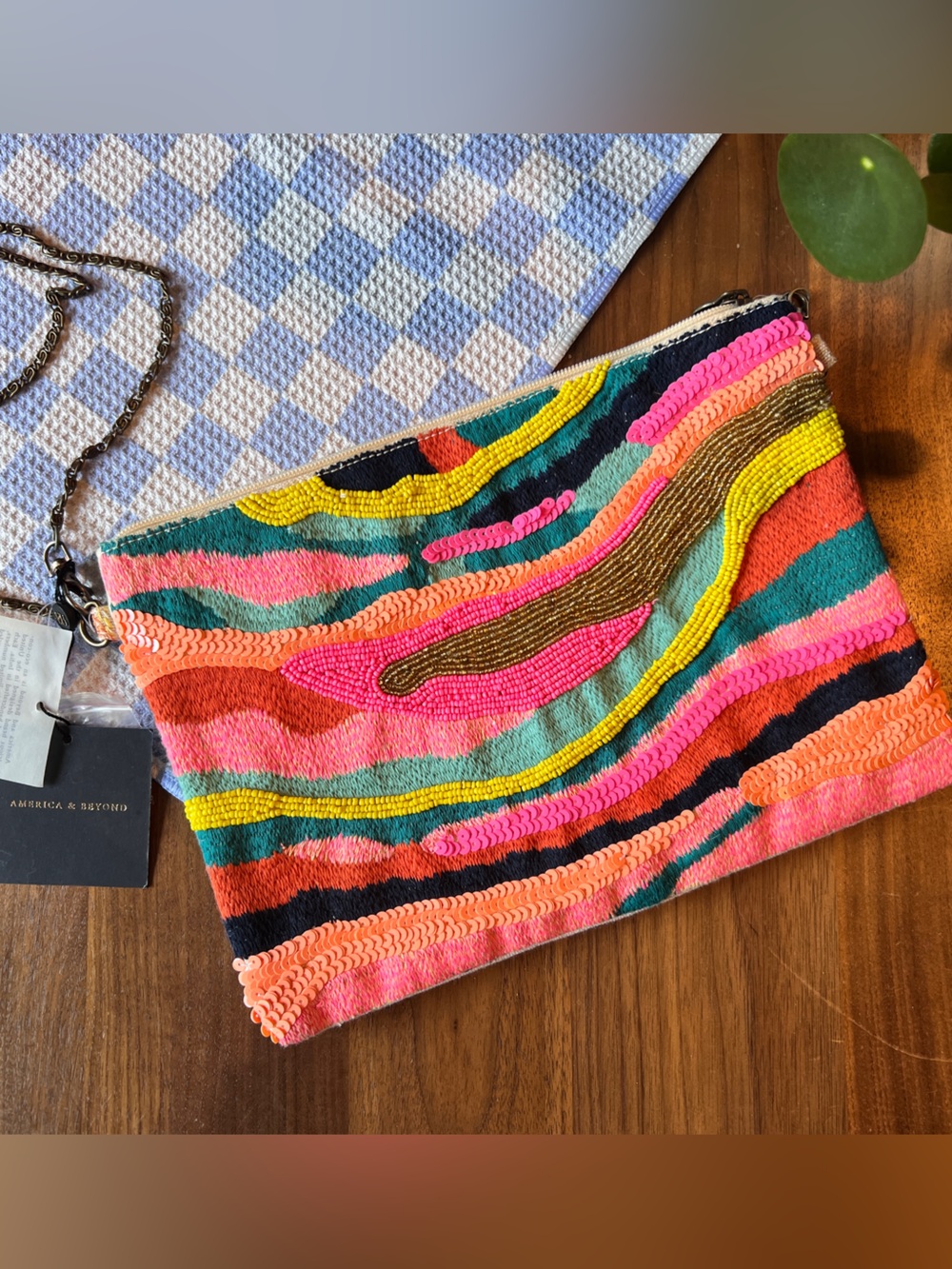 America & Beyond Multicolor Beaded Zip Pouch - Vibrant Wave Design